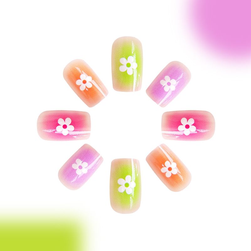 Short Early Spring Bright Face Square Armor Contrast Color Wear Nail Art White Flower Fresh Simple Fashion European and American Foreign Trade 24 Piec_voghion.com