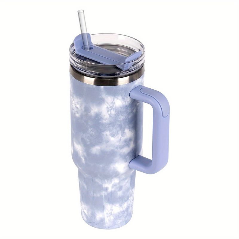 Una tazza da viaggio in acciaio inossidabile da 40 once con isolamento sottovuoto, motivo a nuvola, con coperchio, cannuccia e manico per bevande calde e fredde_voghion.com