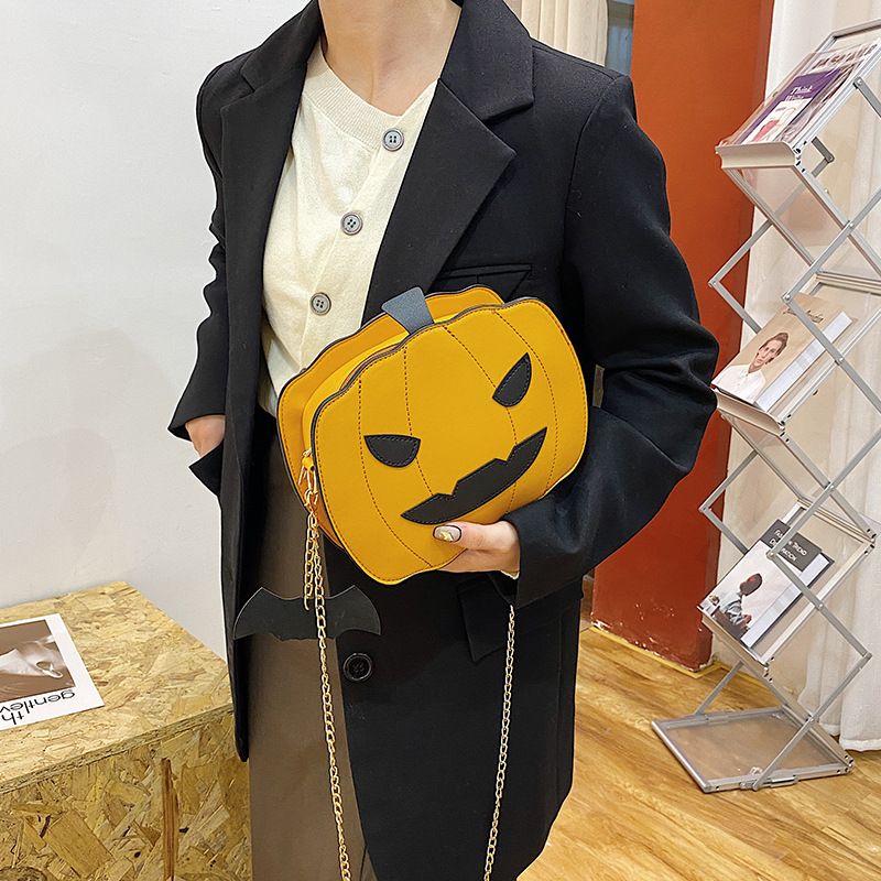 Borsa a tracolla con zucca glitterata a tema Halloween per donna - Borsa a tracolla in PU riflettente retrò con tasche con cerniera, accessorio alla moda e divertente_voghion.com