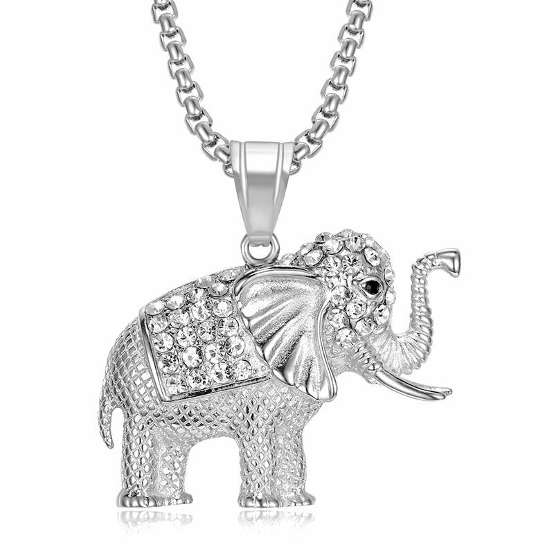 Collar con colgante de elefante con diamantes incrustados en acero de titanio y chapado en oro de Hip Hop_voghion.com