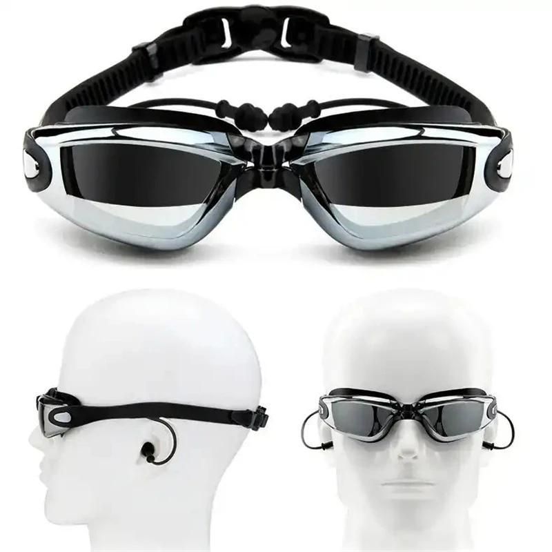 Ochelari de înot HD impermeabili, anti-ceață, miopie, pentru bărbați și femei, cu ramă mare, electrolizați, cu dopuri de urechi, lumină plată_voghion.com