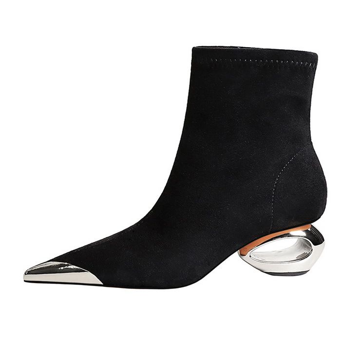 335-1 Stile Stivaletti da donna in pelle scamosciata con tacco a spillo e punta in metallo, stile banchetto leggero e lussuoso, corti_voghion.com