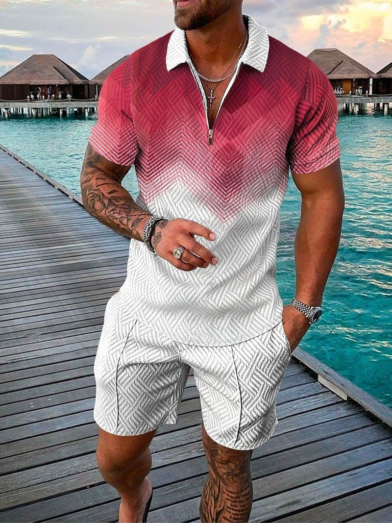 Survêtement hawaïen 2 pièces, imprimé 3D, polo à fermeture éclair, chemise à manches courtes et short, mode décontractée, vêtements 2 pièces pour homme_voghion.com