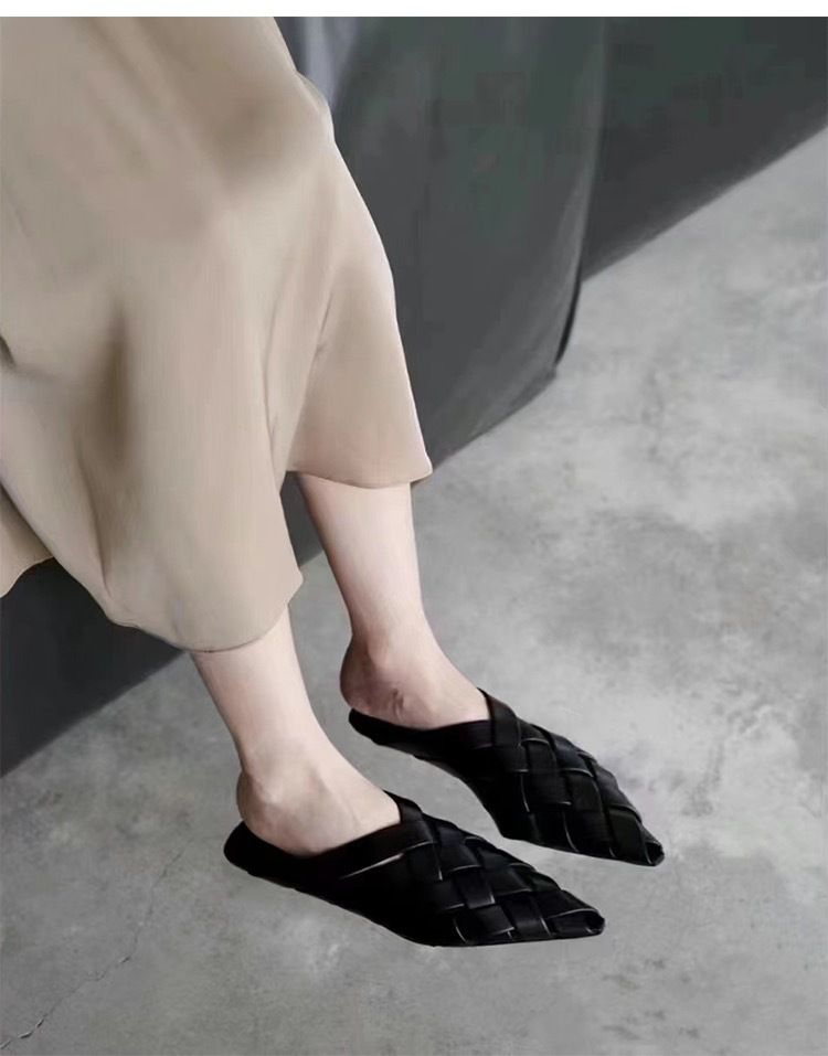 Grape Mama Studiolee Headed Pointed Half Slippers Women's Muller Flat Bottom Woven Hollow Sandals_voghion.com