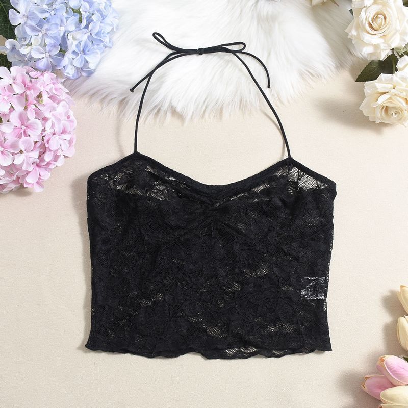 Sexy Spitzen-Bralette-Top – Rückenfreies Camisole aus transparentem Netzstoff mit Bindedetail | Blumenmuster, dehnbar und atmungsaktiv | Clubwear (Schwarz, S/M/L)_voghion.com