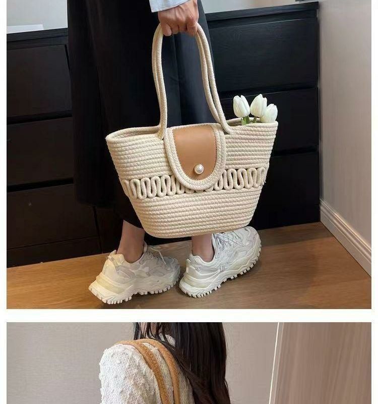 2025 Neue gewebte Tasche, einfache rückenförmige Strohhandtasche, Umhängetasche, Urlaubstasche aus Baumwollseil für Pendler, Damentasche_voghion.com