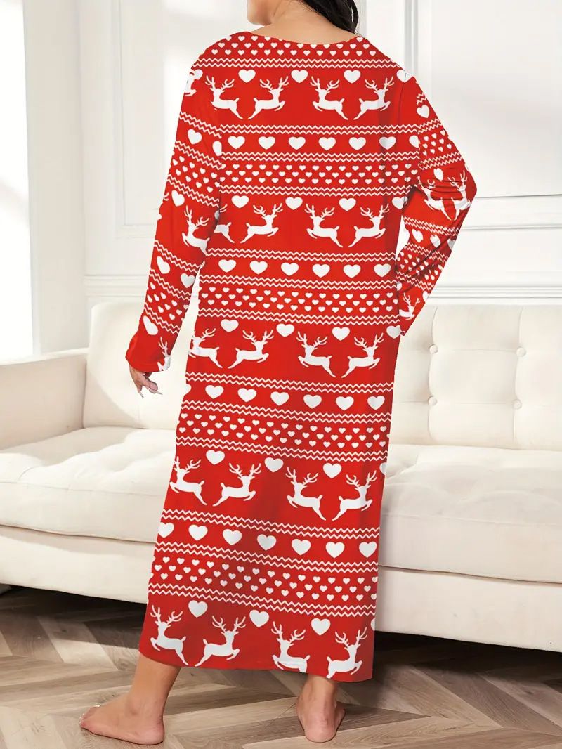 Damenbekleidung Langärmliges Nachthemdkleid mit Schmetterlings- und Herz-Leopardenmuster, überschnittener Schulter, großer Größe_voghion.com