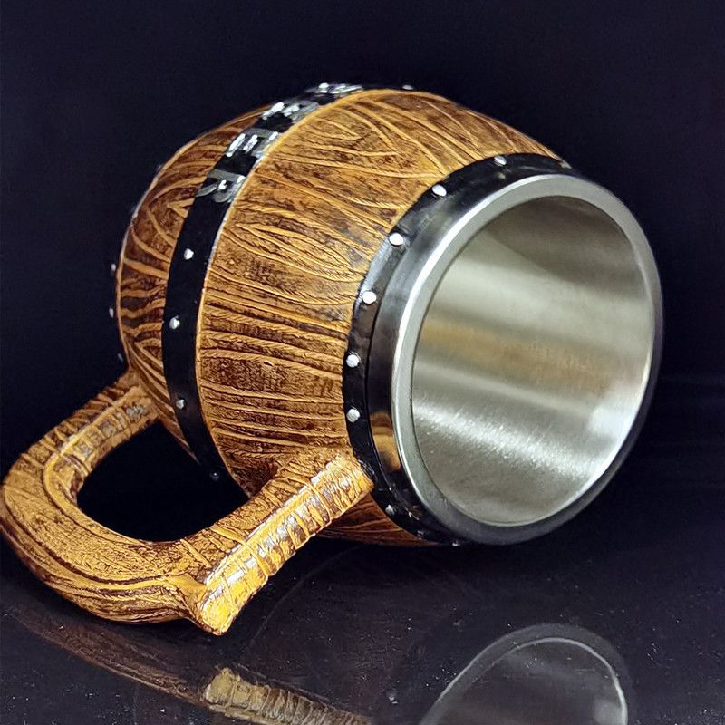 Viking-Inspired Wooden Barrel Beer Stein - Handcrafted Resin Tankard With Stainless Steel Liner, 500ml Capacity For Authentic Pub Experience_voghion.com