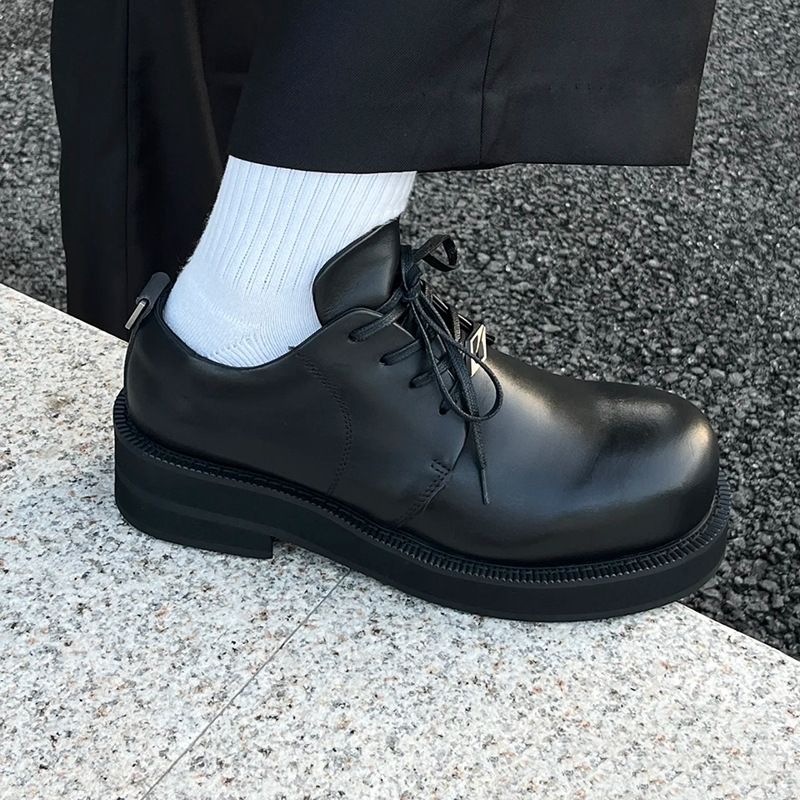 Niche Cowhide Big Derby Unisex British Style Black Round Toe Thick Sole Leather Height Increasing Casual Shoes_voghion.com