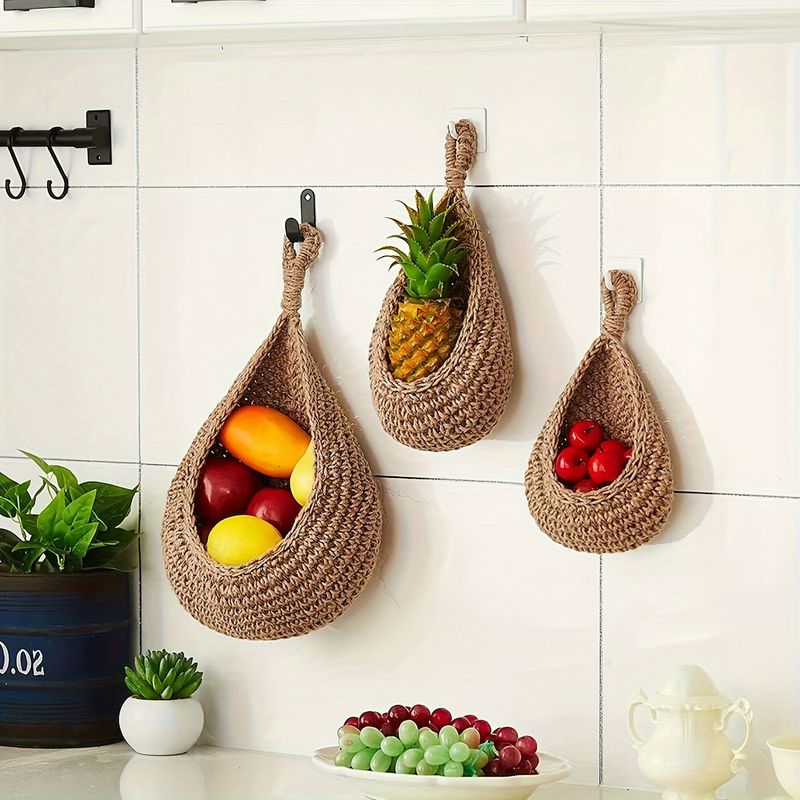 Ensemble de 3 paniers bohèmes chics en corde de coton et lin tissés à la main avec crochets, idéal pour suspendre fruits, légumes et plantes._voghion.com