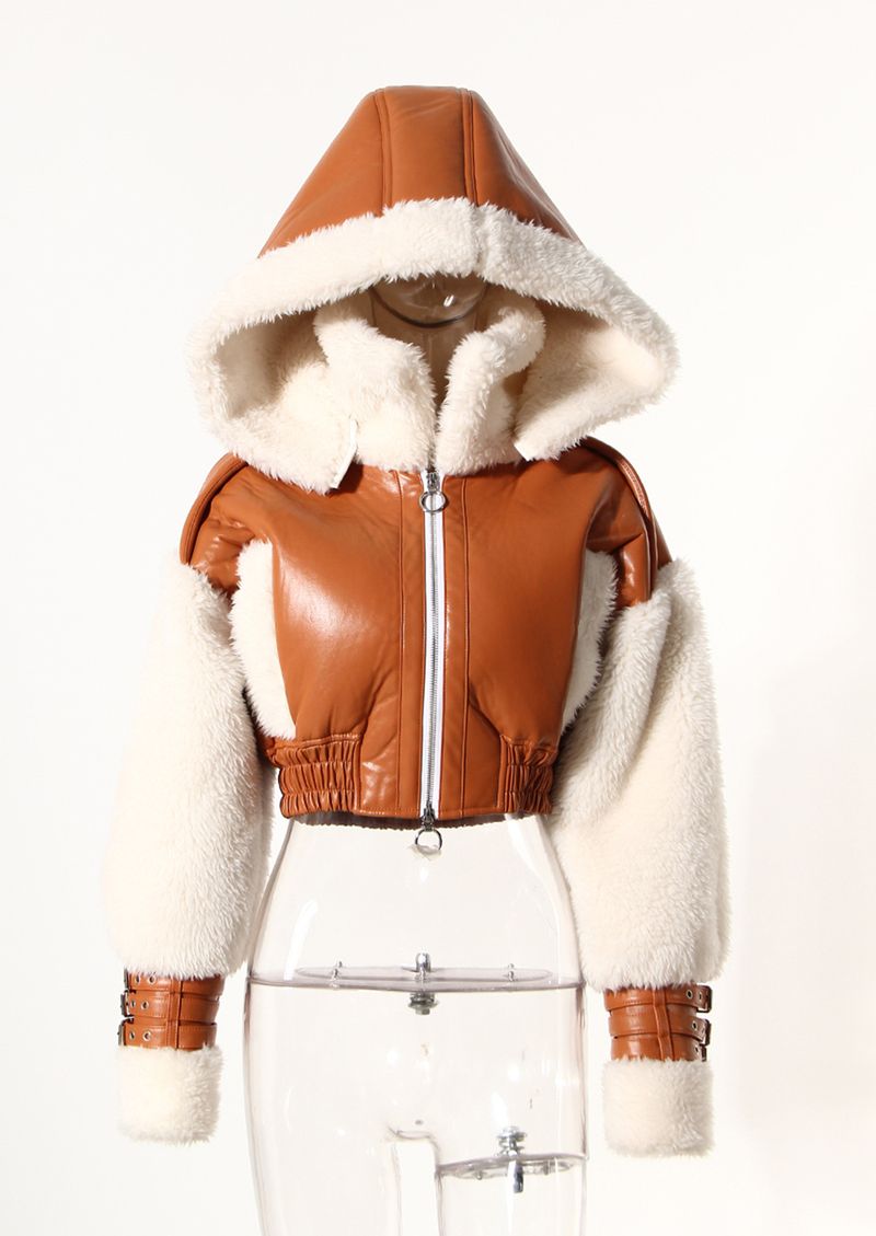 Fur one-piece lamb fur short coat women's winter American retro stitching contrast color hooded motorcycle jacket top_voghion.com
