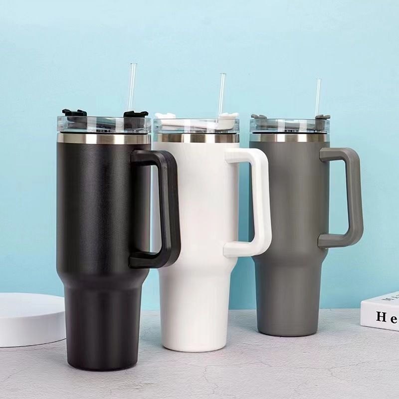 Gobelet de voiture unisexe grande capacité, gobelet à glace en acier inoxydable, gobelet isolant avec paille, gobelet à poignée pratique_voghion.com
