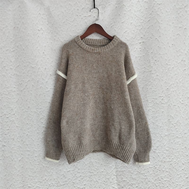 Pull en maille patchwork pour femme – Pull oversize à col rond et tissu épais et chaud (rose/gris/beige/kaki, S/M/L)_voghion.com