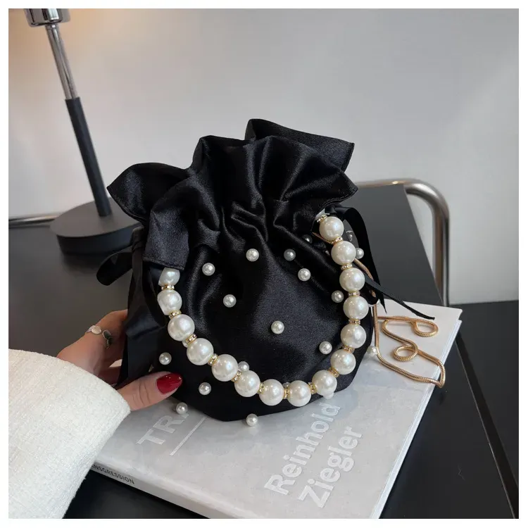 Borse a tracolla di marca per donna Borsa da donna di alta qualità Borsa a tracolla a secchiello femminile in seta imitazione perla nera con perline_voghion.com