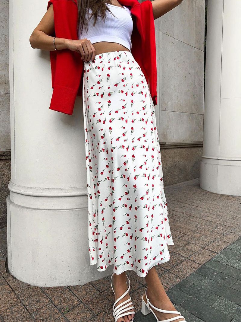 Gonna floreale con stampa a tinta unita, nuova moda primaverile 2024, dolce e fresca, modello a rosa, capo d'abbigliamento traspirante alla moda ed elegante._voghion.com