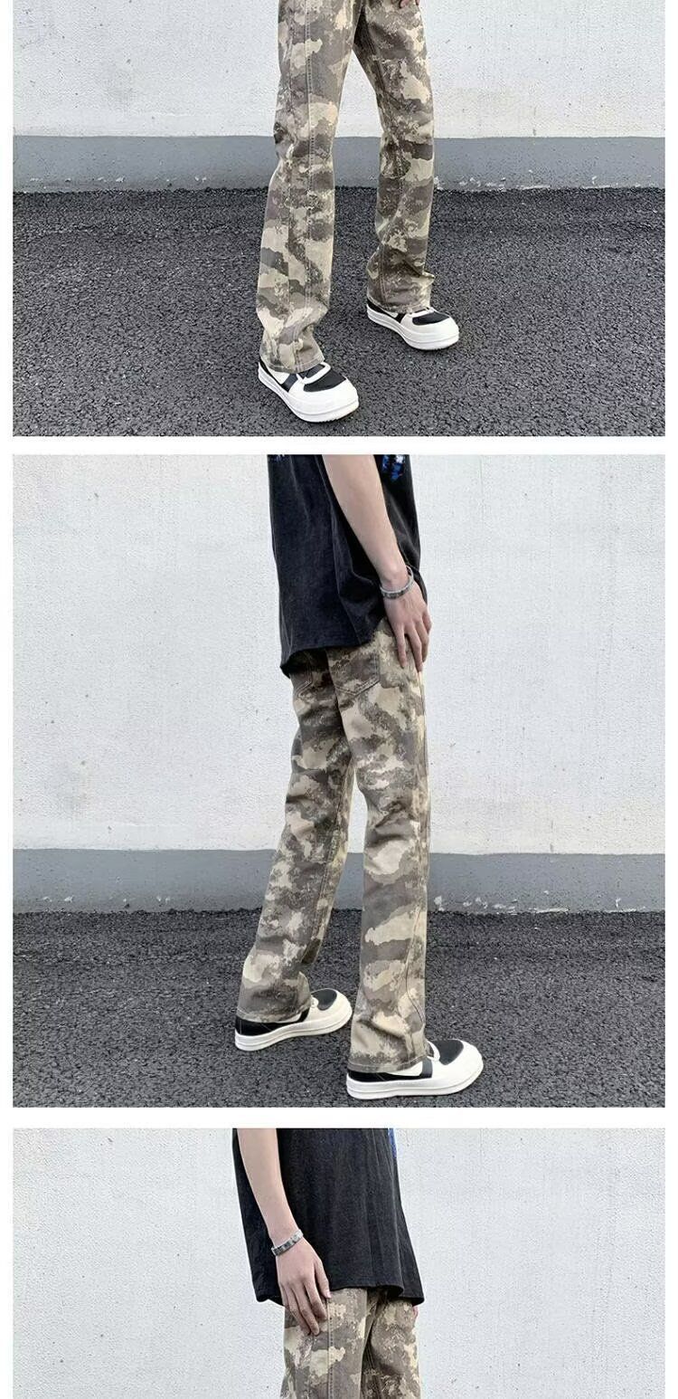 Calça jeans masculina streetwear camuflada - Calça reta de corte folgado com design urbano, tecido de poliéster confortável, estilo casual moderno._voghion.com