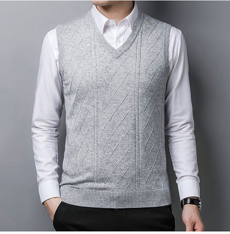 Herbst und Winter Neue Herren Wollpullover Strickweste Weste Lässige Weste Mittleren Alters Einfarbig V-Ausschnitt Vielseitige Weste_voghion.com