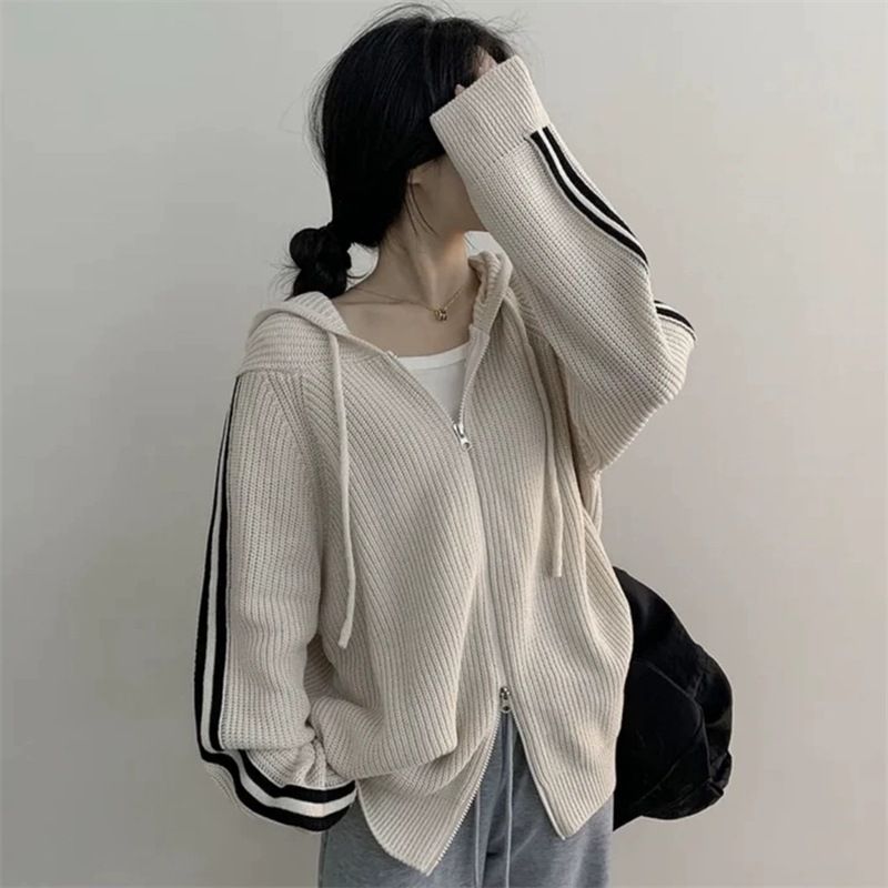 Women's Clothing Autumn Winter Minimalist Elegant Drawstring Hooded Oversized Long Sleeve Sweater Coat For Petite - Striped, Loose Fit, Polyester_voghion.com