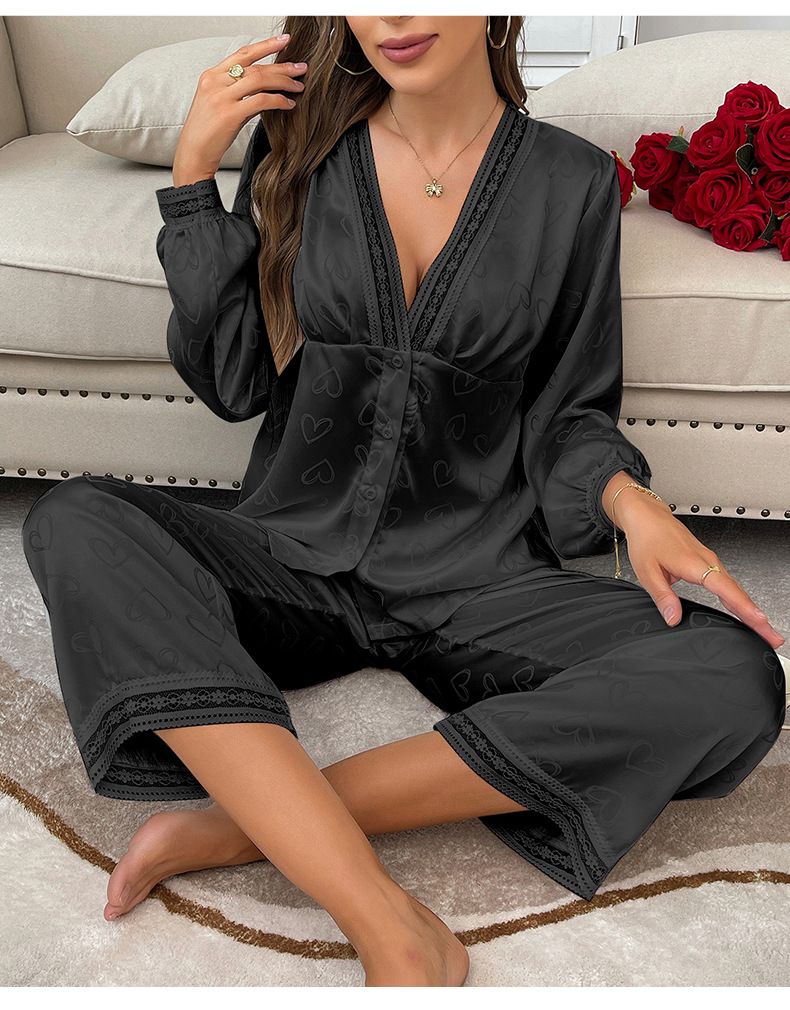 Damen Nachtwäsche Mode Langarm Pyjamas Sexy Hosenanzug Zweiteiliger bequemer Satin Love Jacquard Home Kleidung_voghion.com