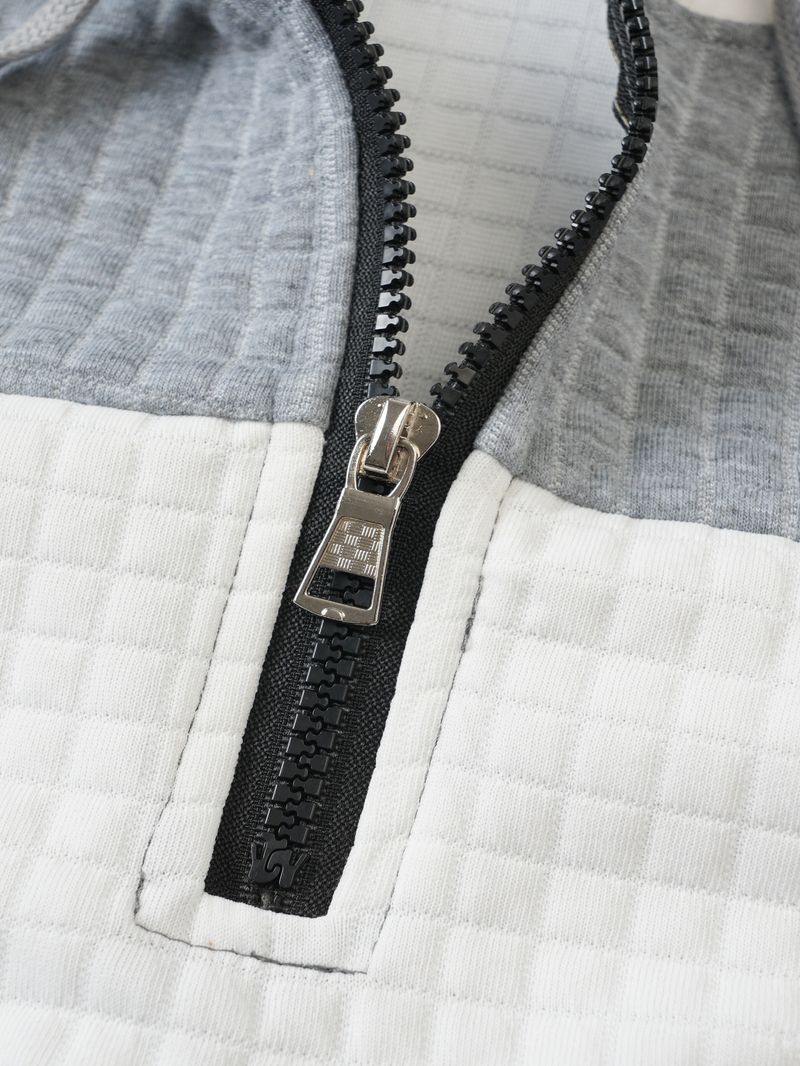 Felpa con cappuccio a quadri da uomo – Felpa casual a maniche lunghe con cerniera (S-XXXL, design a blocchi di colore)_voghion.com