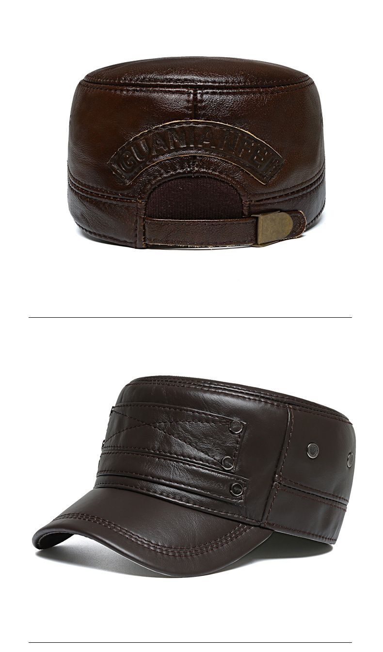 Echtes Leder Hut Herren Herbst und Winter winddicht warm Rindsleder Hut Oberschicht Rindsleder lässig einfache flache Kappe_voghion.com