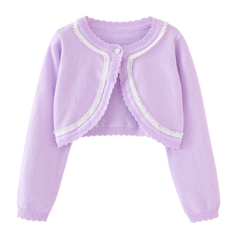 Cardigan en tricot de coton pour fille – Veste d'été légère avec bordure perlée (90-160 cm, blanc/rose/violet, sécurité classe B)_voghion.com