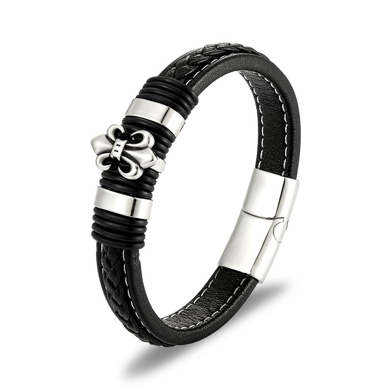 Bracciale intrecciato in acciaio inossidabile con cordino in pelle da uomo, accessorio di personalità_voghion.com