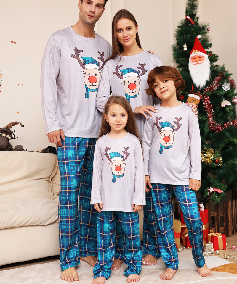 Christmas Plaid cartoon deer Christmas family dress printed home dress pajamas_voghion.com