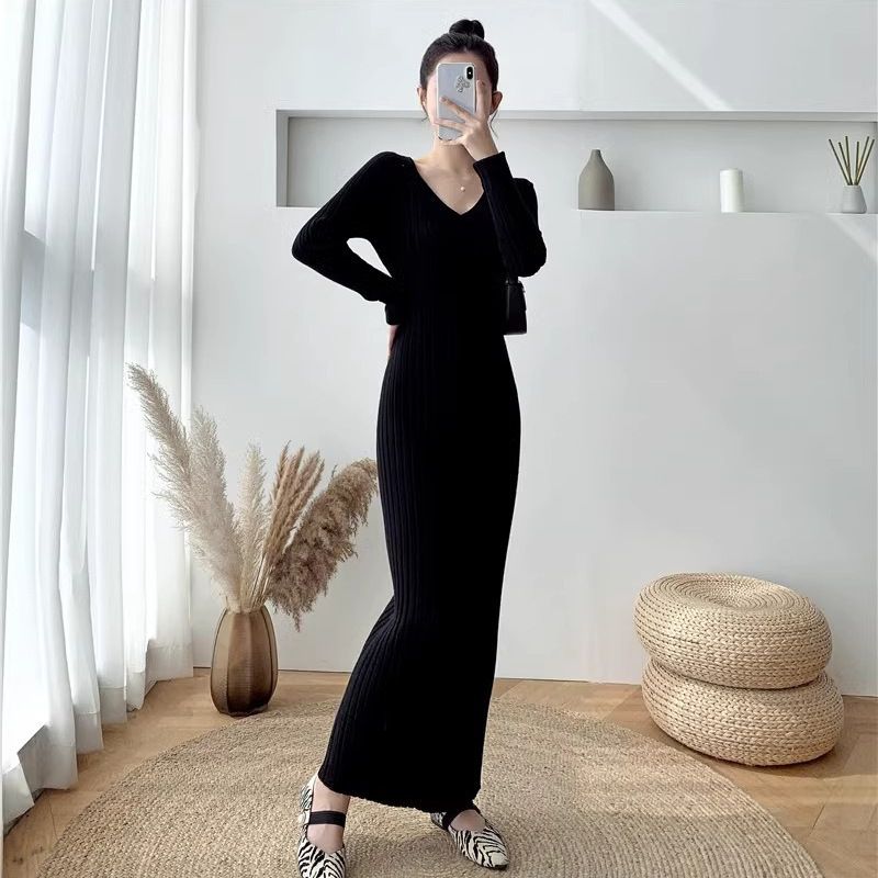 Maglia aderente slim fit con scollo a V extra per donna, autunno e inverno, maglione interno lavorato a maglia, abito lungo sopra il ginocchio_voghion.com