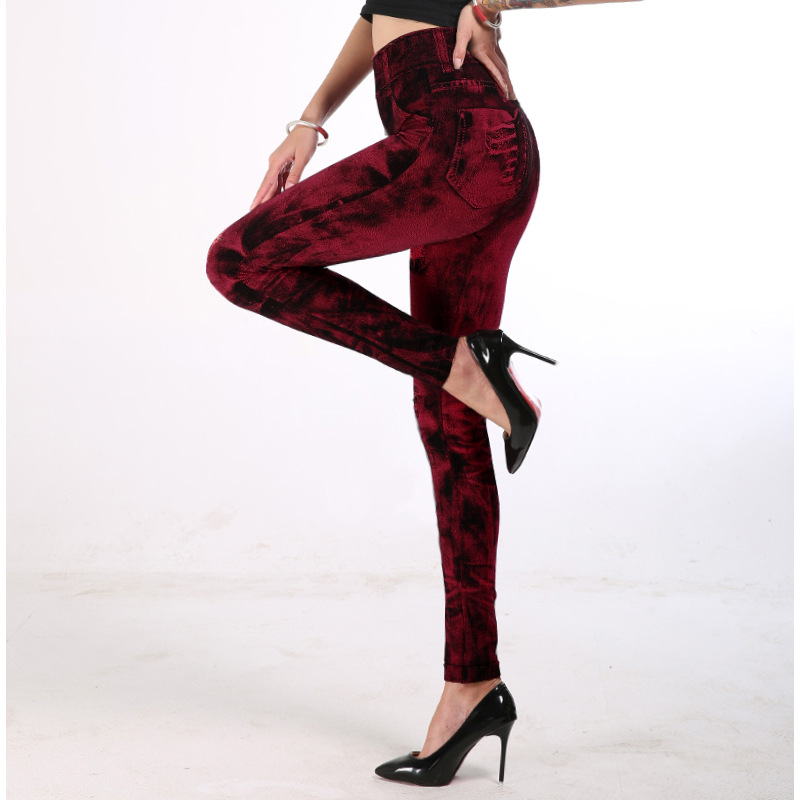 Leggings imitation denim pour femmes, pantalons multicolores populaires à neuf points pour soulever les hanches_voghion.com