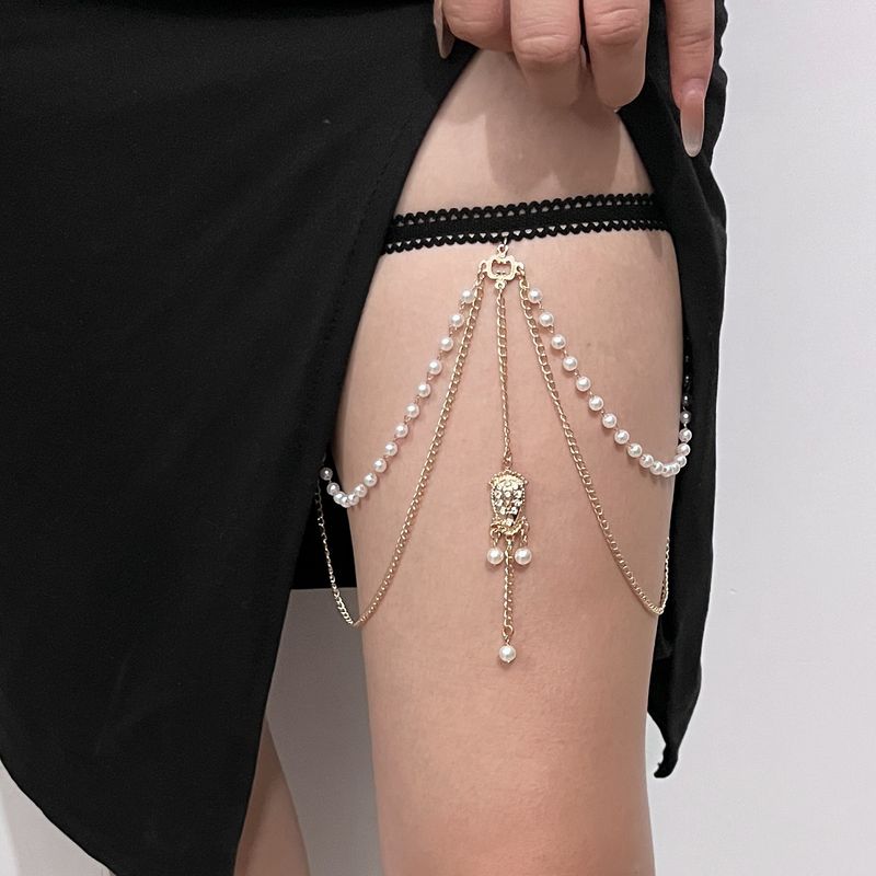 Strand elastische mehrschichtige Perle Oberschenkel für Frauen trendige Strass Bein Quaste geometrische Körperkette_voghion.com