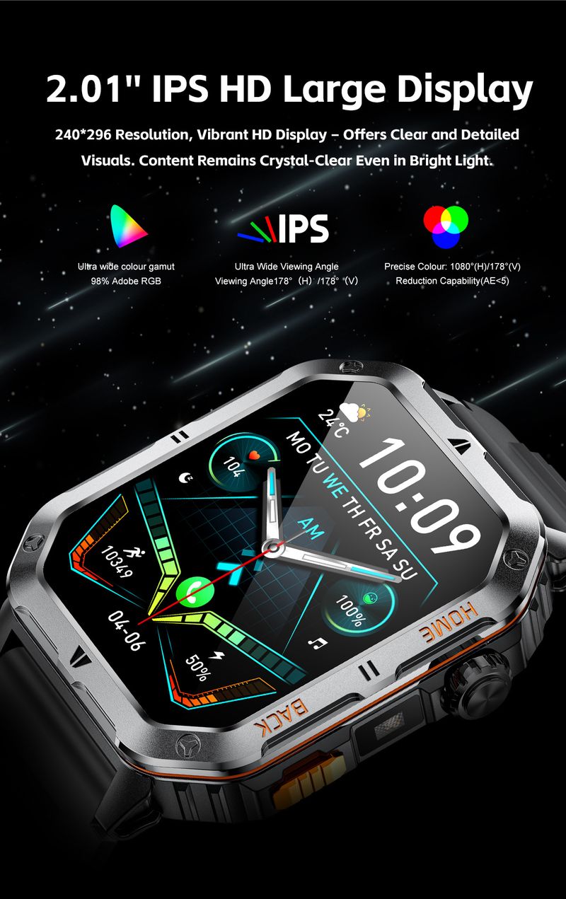 Outdoor Smartwatch With Flashlight – 2.01" HD Screen, 3ATM Waterproof, 1000mAh Battery, Heart Rate & Blood Oxygen Monitor_voghion.com