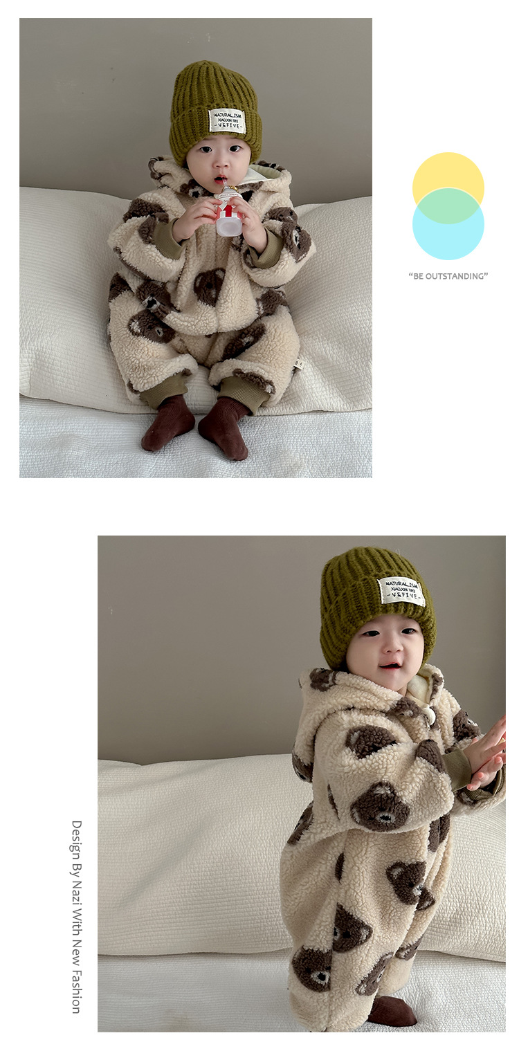 Babykleding Herfst- en winterkleding babybeerkop bedrukt pluche kruippakje_voghion.com