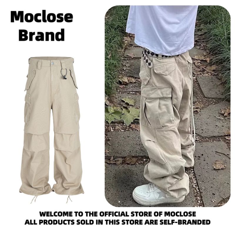 Moclose Unisex Utility Cargo Pants - Oversized Drop-Crotch Joggers With Multi-Pockets, 100% Cotton, Black/Khaki, Sizes M-XXL_voghion.com