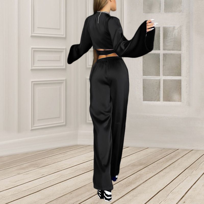 Autumn solid color long-sleeved tops straight trousers casual suit two-piece set_voghion.com
