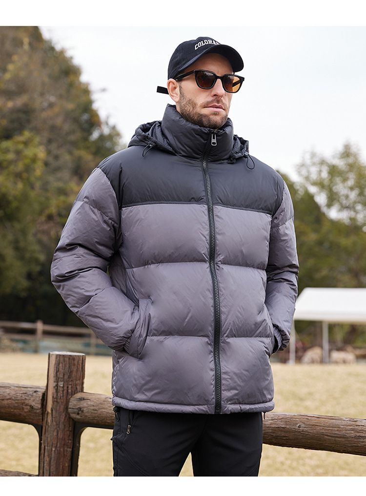 Robuste weiße Herren-Winterjacke mit Kapuze und durchgehendem Reißverschluss, maschinenwaschbar, ideal zum Skifahren, Snowboarden und für andere Aktivitäten._voghion.com