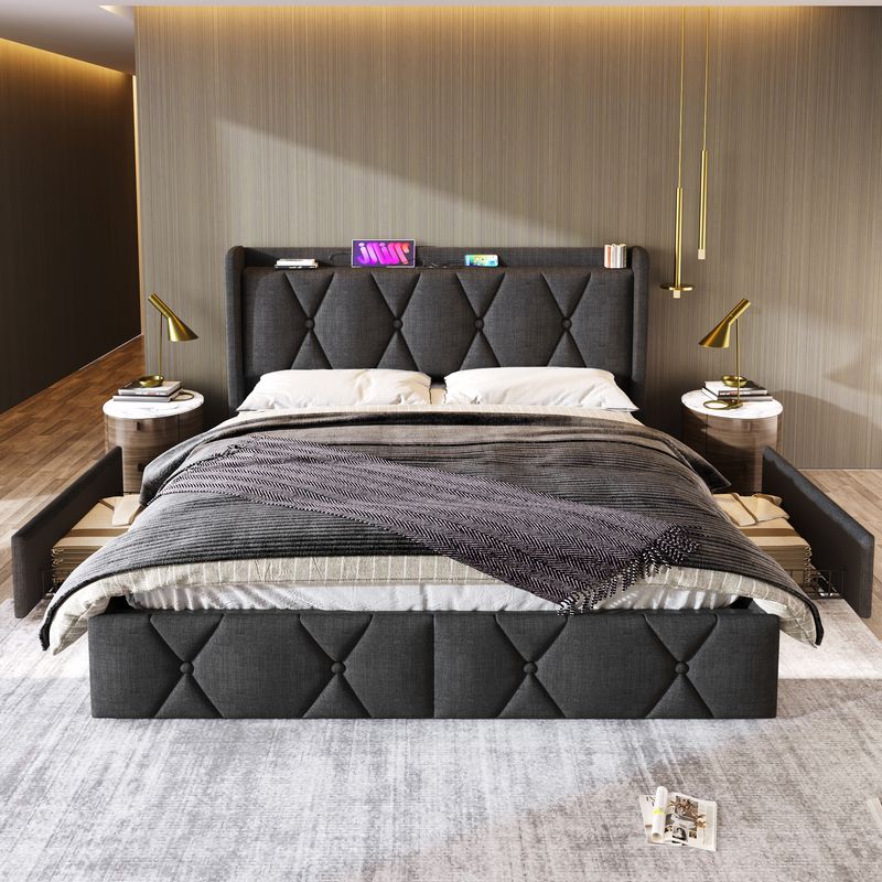 Cadre de lit double avec rangement 140 x 200 cm, avec port USB, tête de lit capitonnée et 4 tiroirs, sommier à lattes en bois gris (avec matelas)_voghion.com