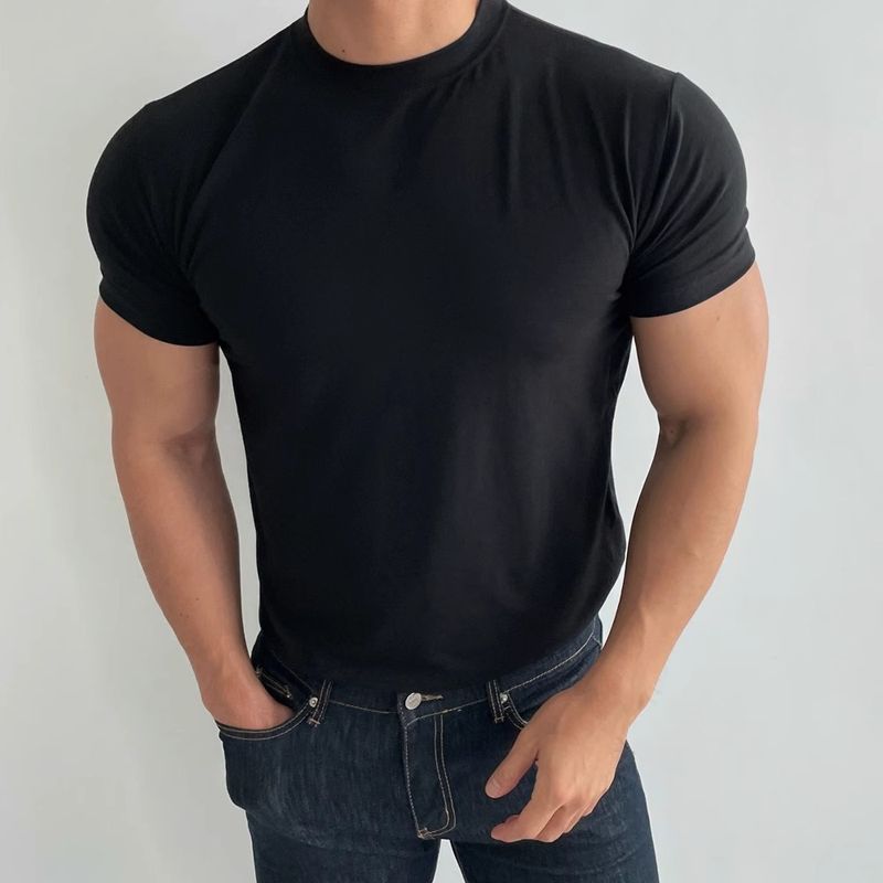 Herrenbekleidung Sommer-T-Shirt mit kleinem Ausschnitt Slim Fit Kurzarm Muskelanzug_voghion.com