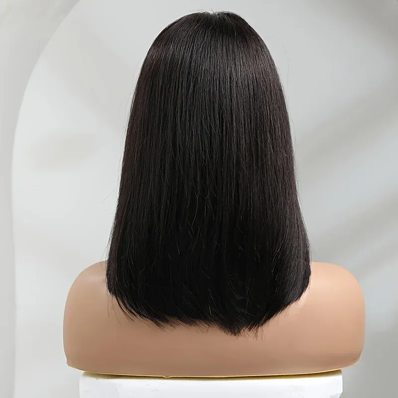 Pelucas de cabello humano con encaje 2x4, corte bob corto y flequillo, pelucas de cabello humano liso negro para mujer_voghion.com