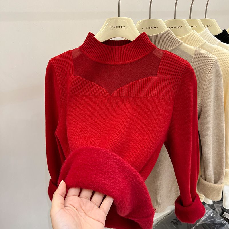Suéter de punto con forro polar para mujer, jersey grueso y cálido de invierno, cuello semialto, manga larga, informal, color liso_voghion.com