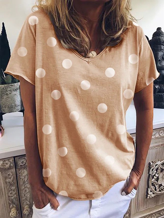 Gedruckt 2023 Sommer Neue Polka Dot Print V-ausschnitt Lose Kurzarm Casual T-shirt Für Frauen Beständig Outfit Kleidung_voghion.com