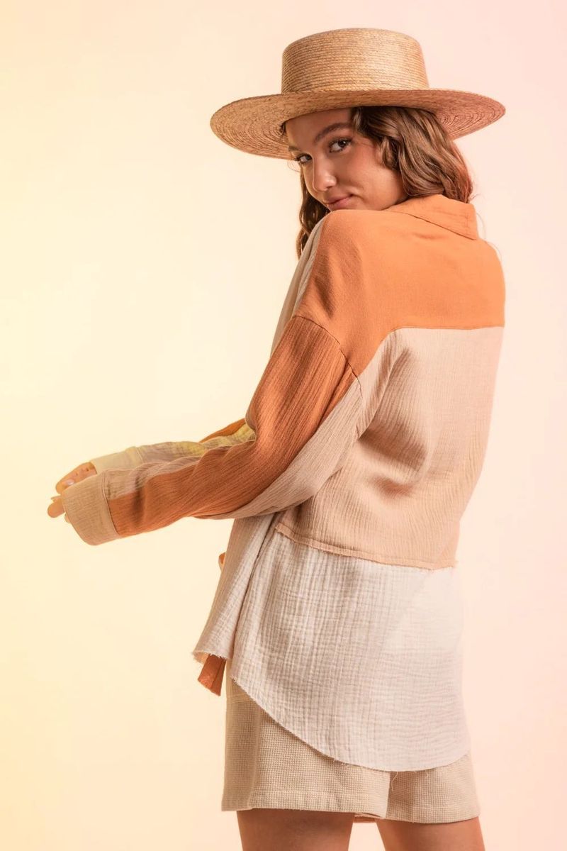 Abbigliamento donna moda bavero tasca caramella colore camicia top_voghion.com