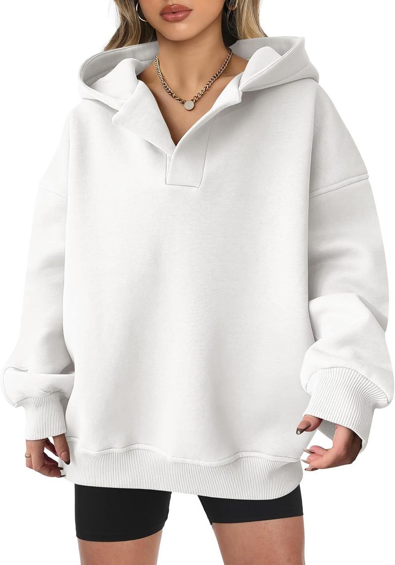 Women's Clothing Sweatshirt Solid Color Long Sleeve Hooded Solid Color Loose Sweater Women's Top_voghion.com