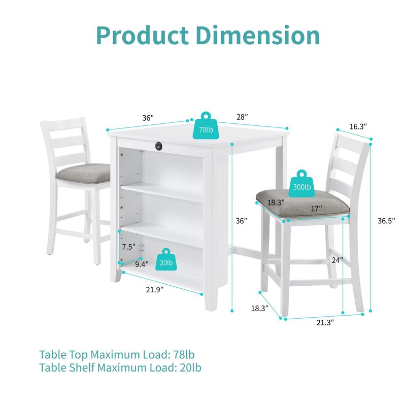 36" Modern Dining Table Set For 2 With Charging Station & 3-Tier Adjustable Storage | Space-Saving Kitchen Set With Upholstered Chairs For Small Spaces, Apartment,White_voghion.com