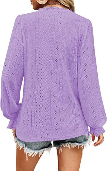 Maglietta con scollo a V da donna, nuova stagione 2025, autunno, casual, con maniche arricciate e traforate_voghion.com