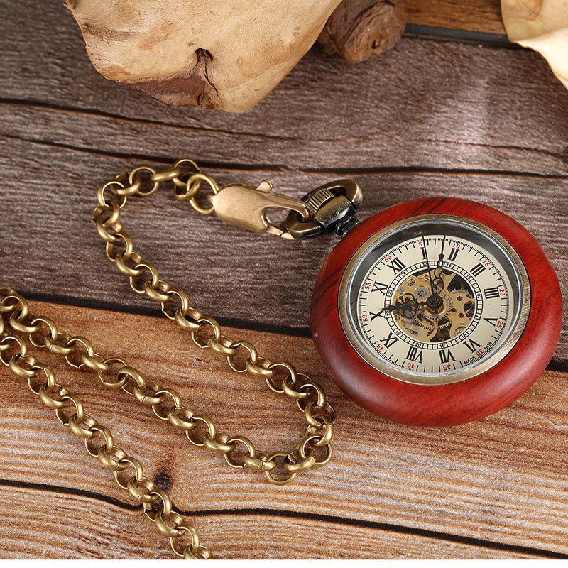 New Red Copper Roman Scale Wood Grain Straight Board Without Cover Manual Mechanical Pocket Watch_voghion.com