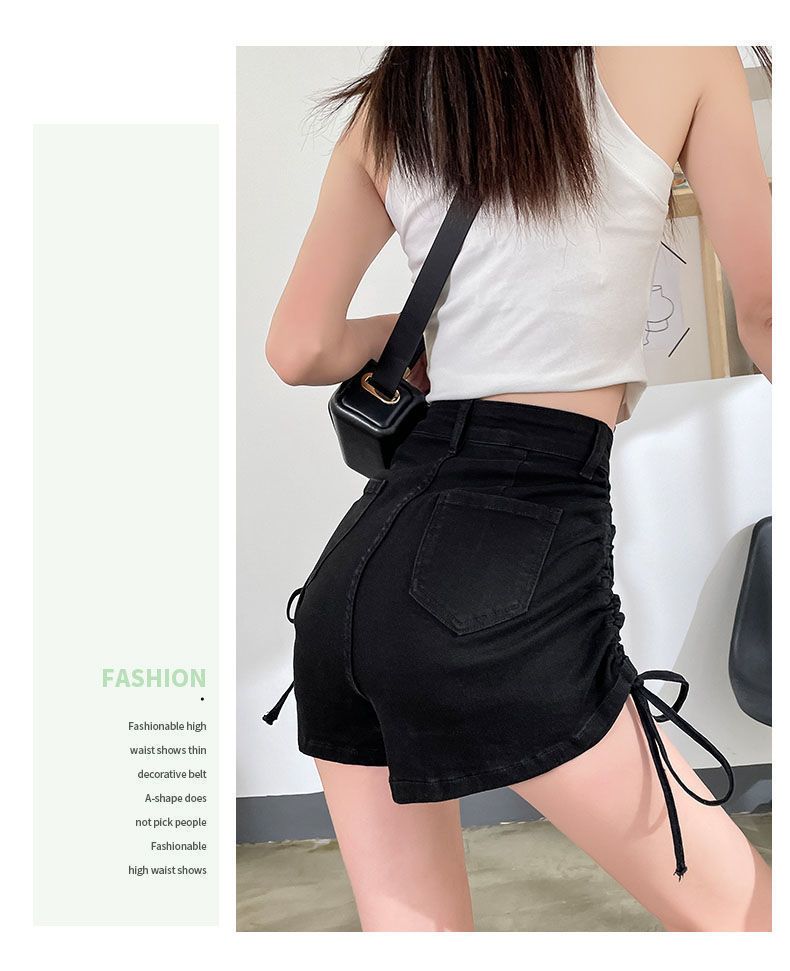 Strap drawstring denim shorts for women in summer, niche design with high waist slimming effect. Spicy girls have a_voghion.com