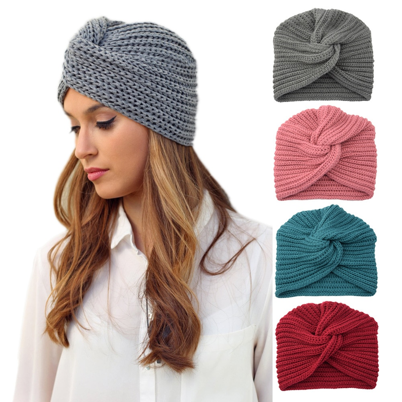 Women's Knitted Turban Hat Bohemia Cashmere Cross Wrap Head Indian Wool Bonnet Turbante Cap_voghion.com