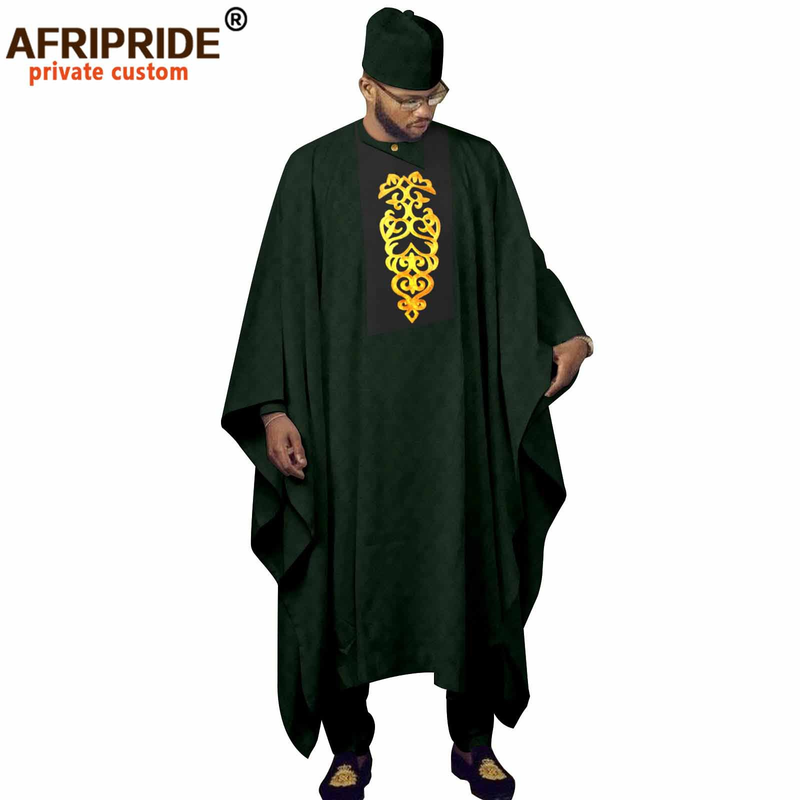 Herrenbekleidung, afrikanisches Herrenkleid, dreiteiliges Set, Mantel + Oberteil + Hose + Hut_voghion.com