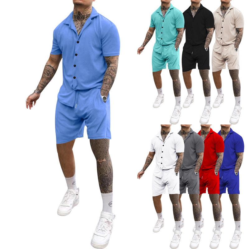 Set 2023 Summer Men's New Solid Color Casual Turn-down Collar Short Sleeve Shirt For Men_voghion.com